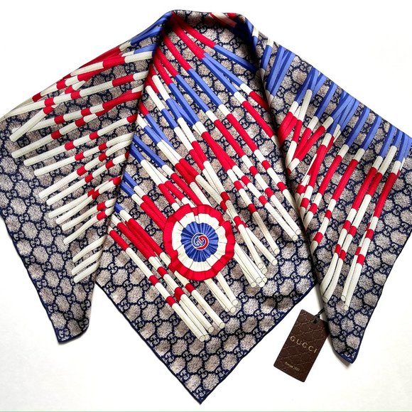 Gucci Scarf Logo GG Print Club WEB Blue Silk Wrap with Gucci Gift Box